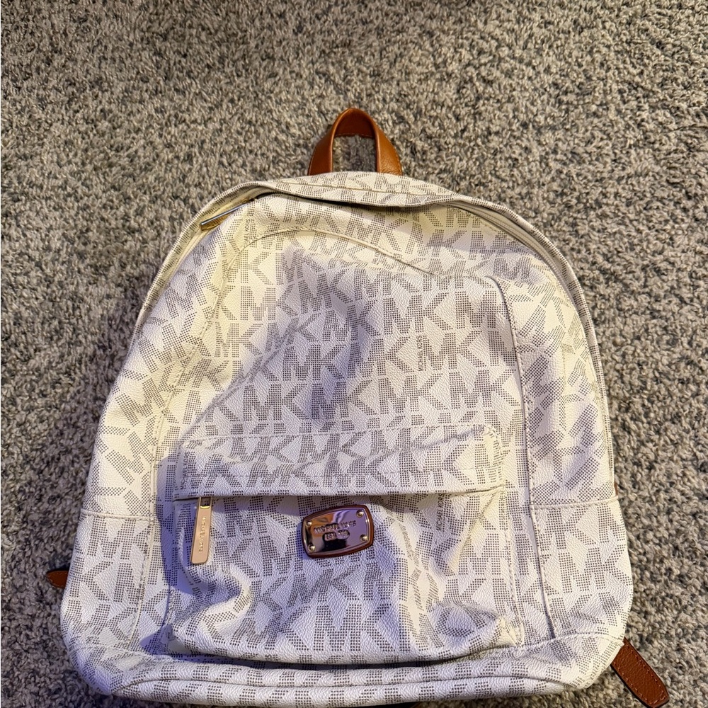 Michael Kors White and Tan Monogram Large Backpack